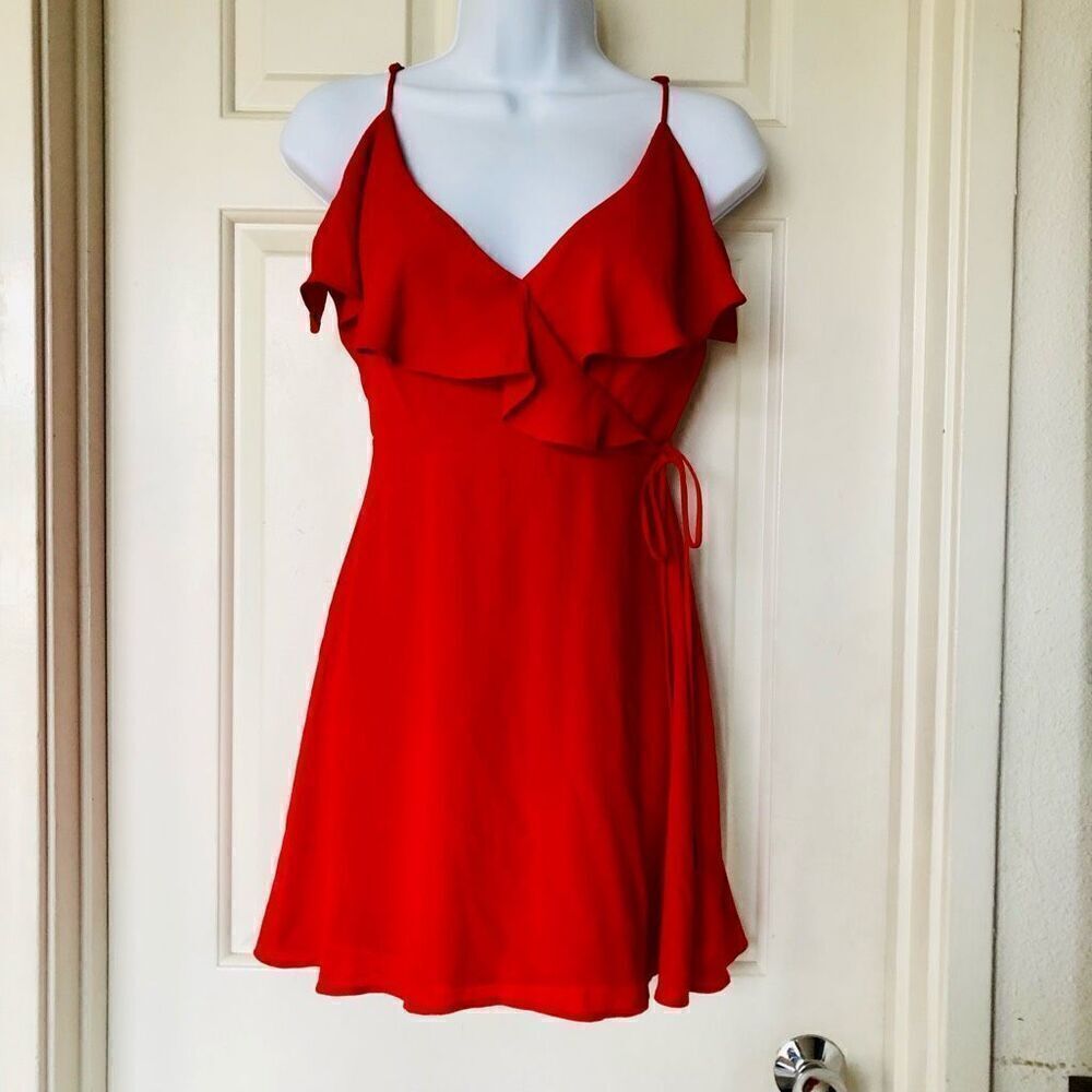 Bebe Floaty Flirty Ruffle Spaghetti Strap V-Neck Dress